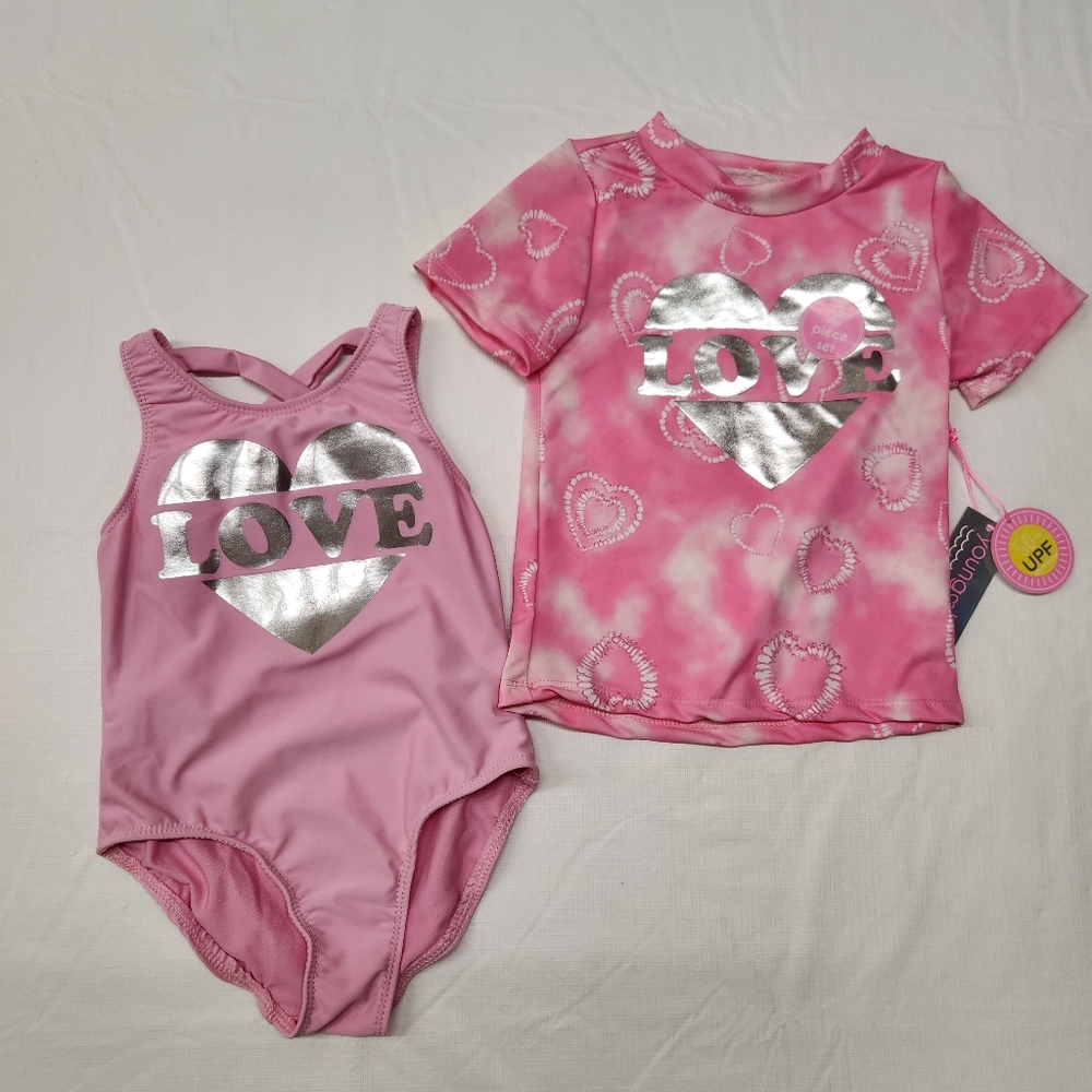 Young hearts swim 2 piece pink love rash guard and swim suit set
